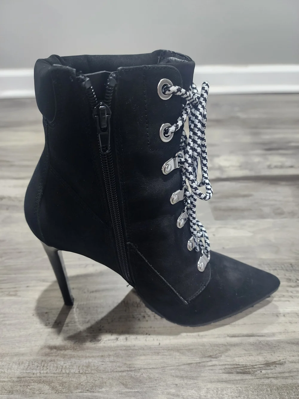 Steve Madden Black Suede Lace-Up Pointed Toe Ankle Bootie
